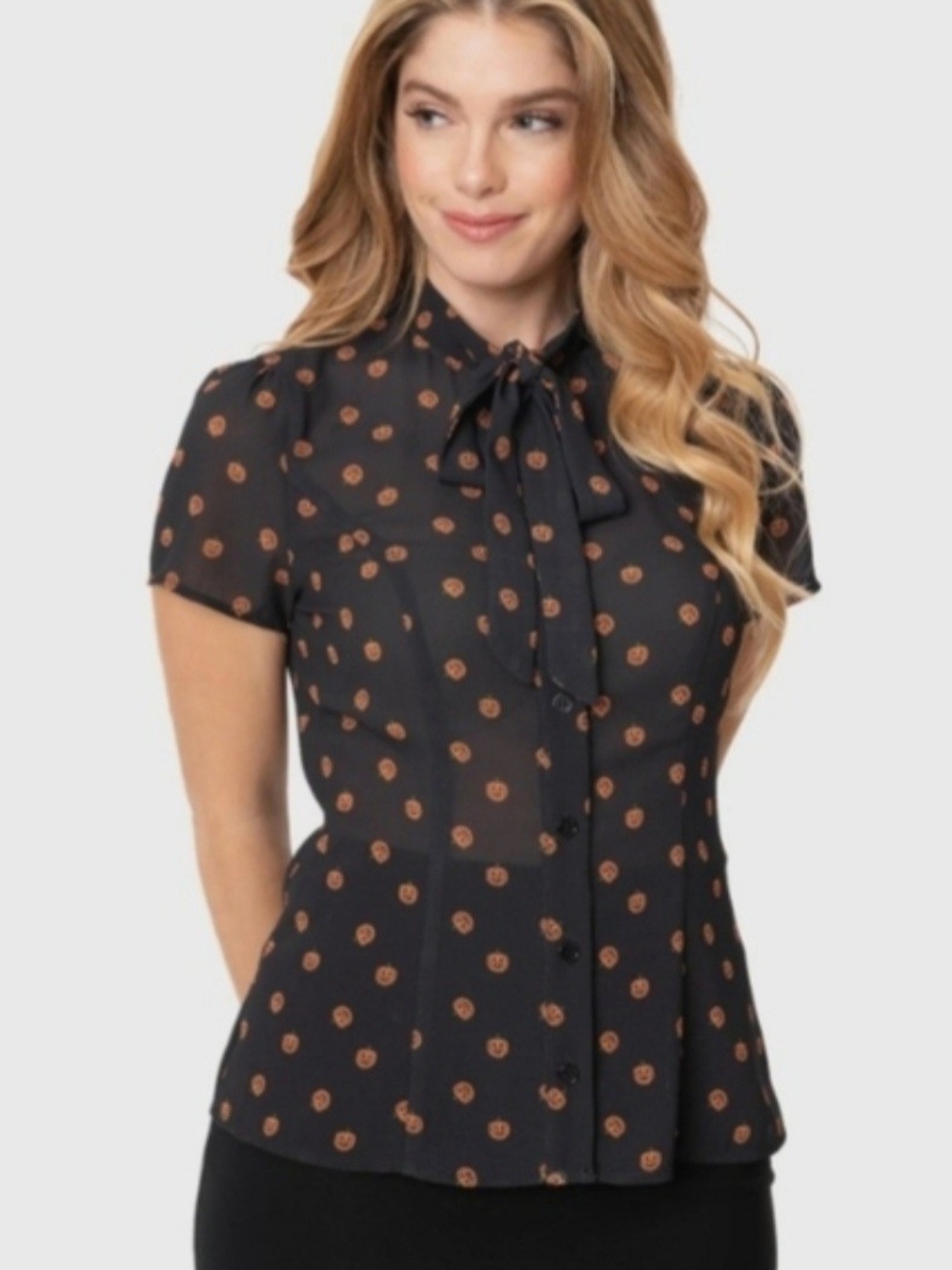 Unique Vintage Women's Black Bow-Tie Blouse with Jack O Lantern Print